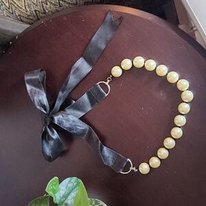 Large White Pearls Black Ribbon Tie Necklace